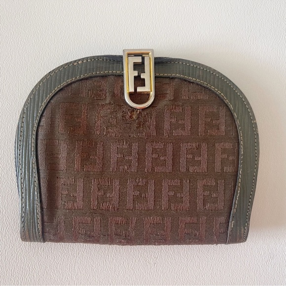 Fendi Wallet Zucca Demi-Lune Bi-Fold Coin Purse Vintage Luxury Brown Green - Picture 1 of 14